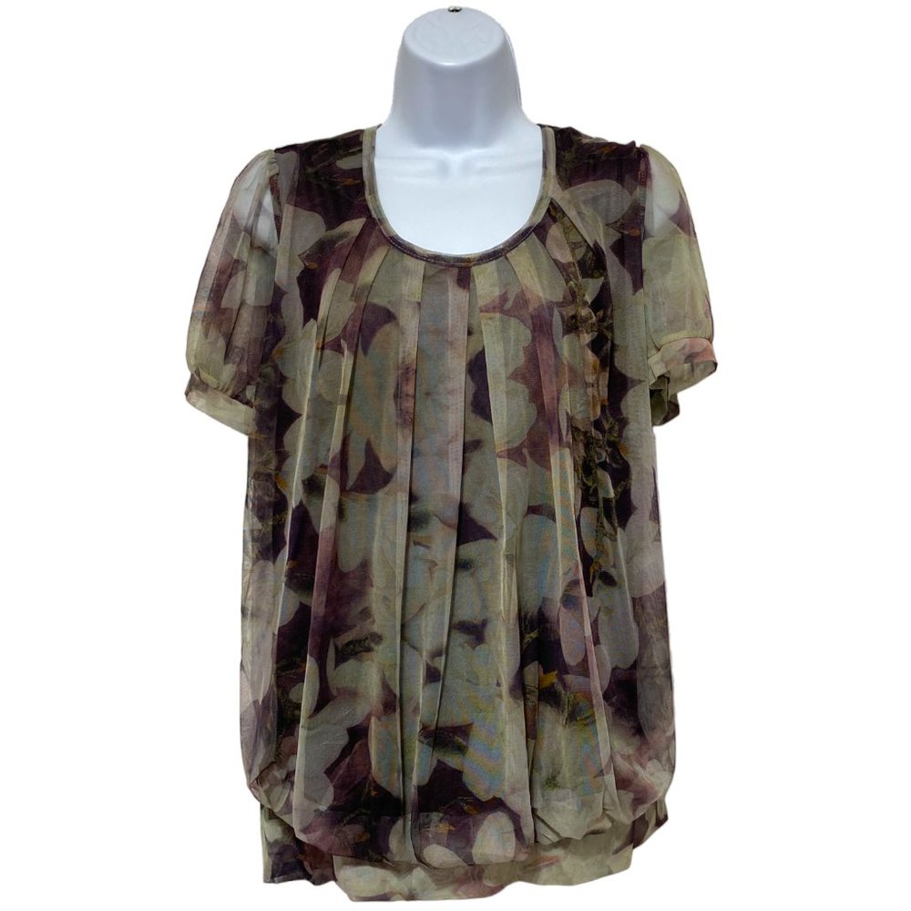 Women's Large Short Sleeve Blouse Pleated Neck ,Mauve, Light Green Floral Design